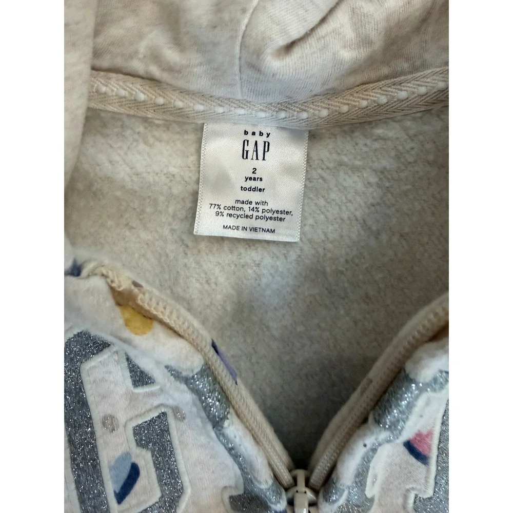 Gap Heart Print Glitter Logo Hoodie Jogger Set Toddler 2T Oatmeal Tracksuit